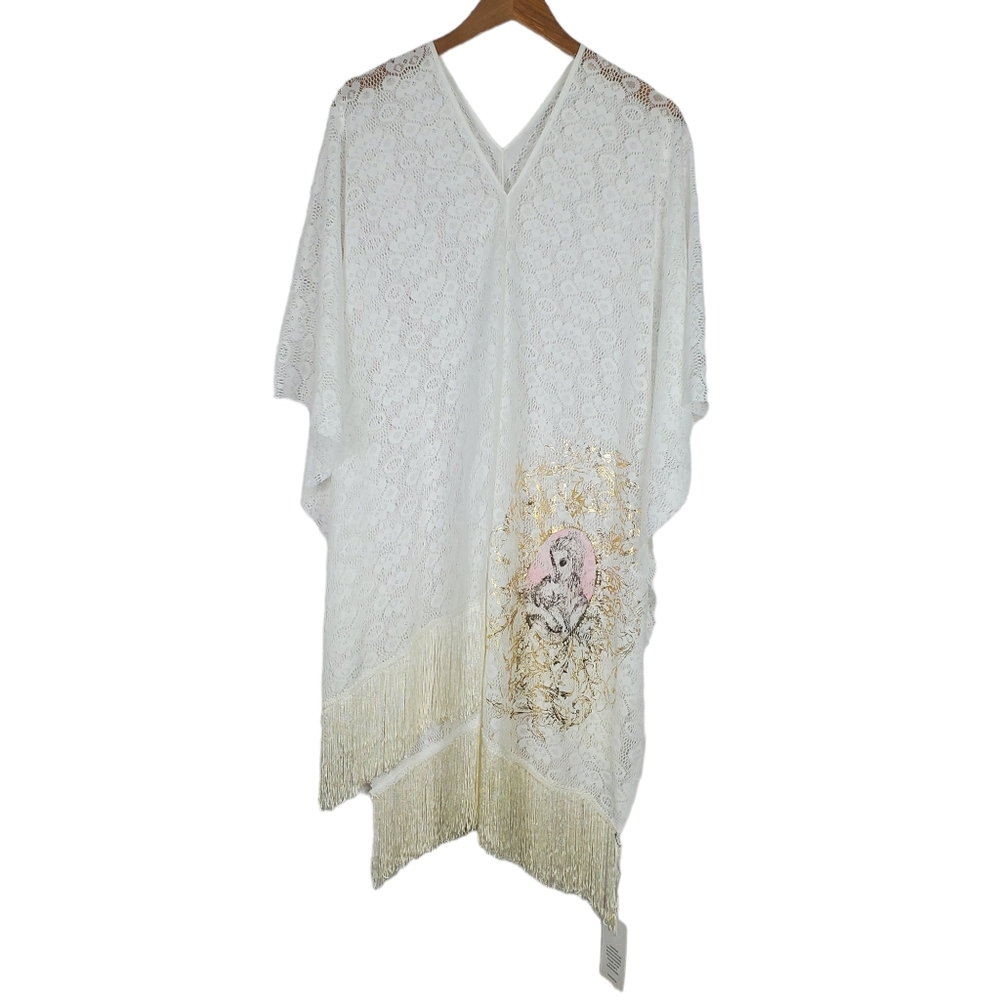 NEW Lauren Moshi Lace Fringe Poncho Kimono One Size White  Topper